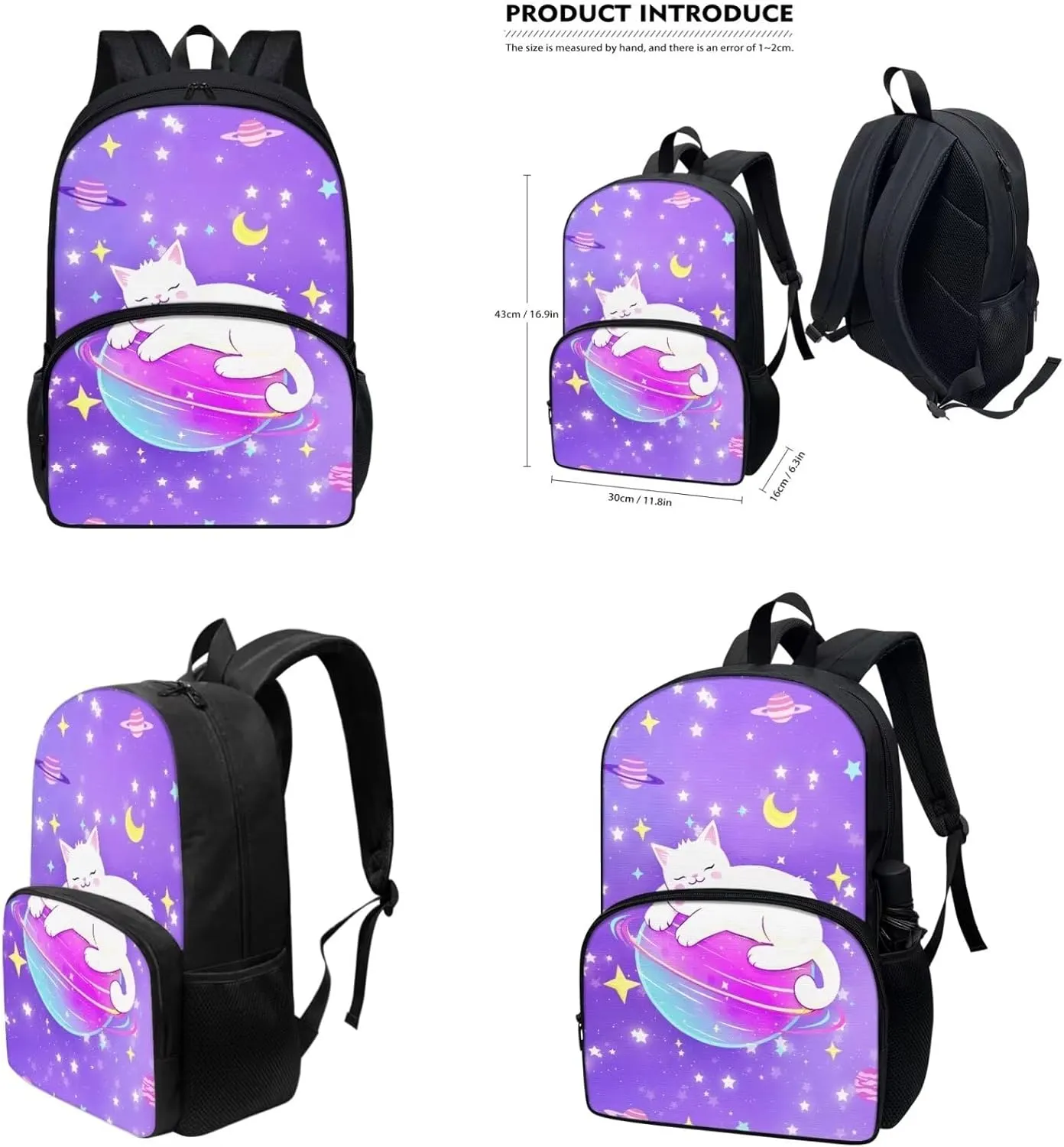 Cartoon Kitten Kids Backpacks for Boys Star School Backpack for Teens Comfortable Bento Box Lunch Bag Backpacks with Lunch Box for Boys Backpack Set of 4 Water Bottle Bag