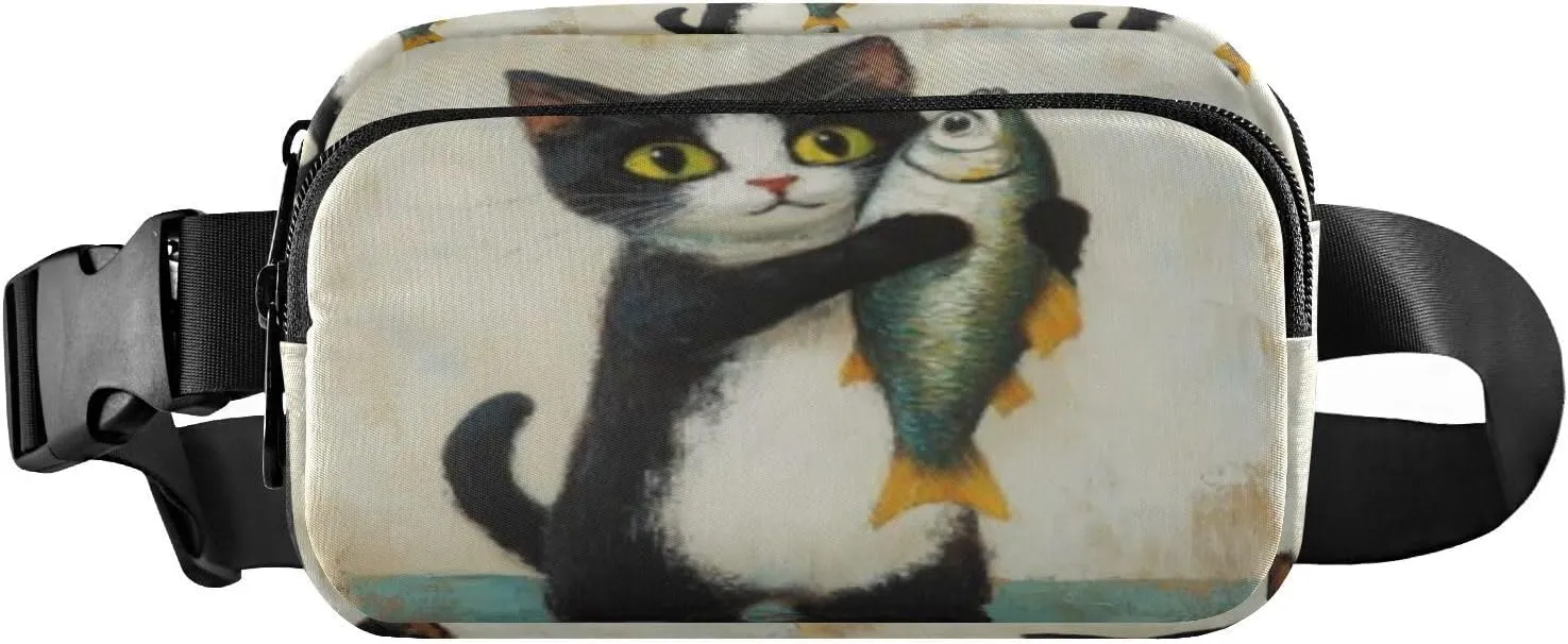 Cat Holds Fish Beige Fanny Packs for Women Girl Crossbody Bags Everywhere Belt Bag with Adjustable Strap Fashion Waist Pack for Shopping Running Travel