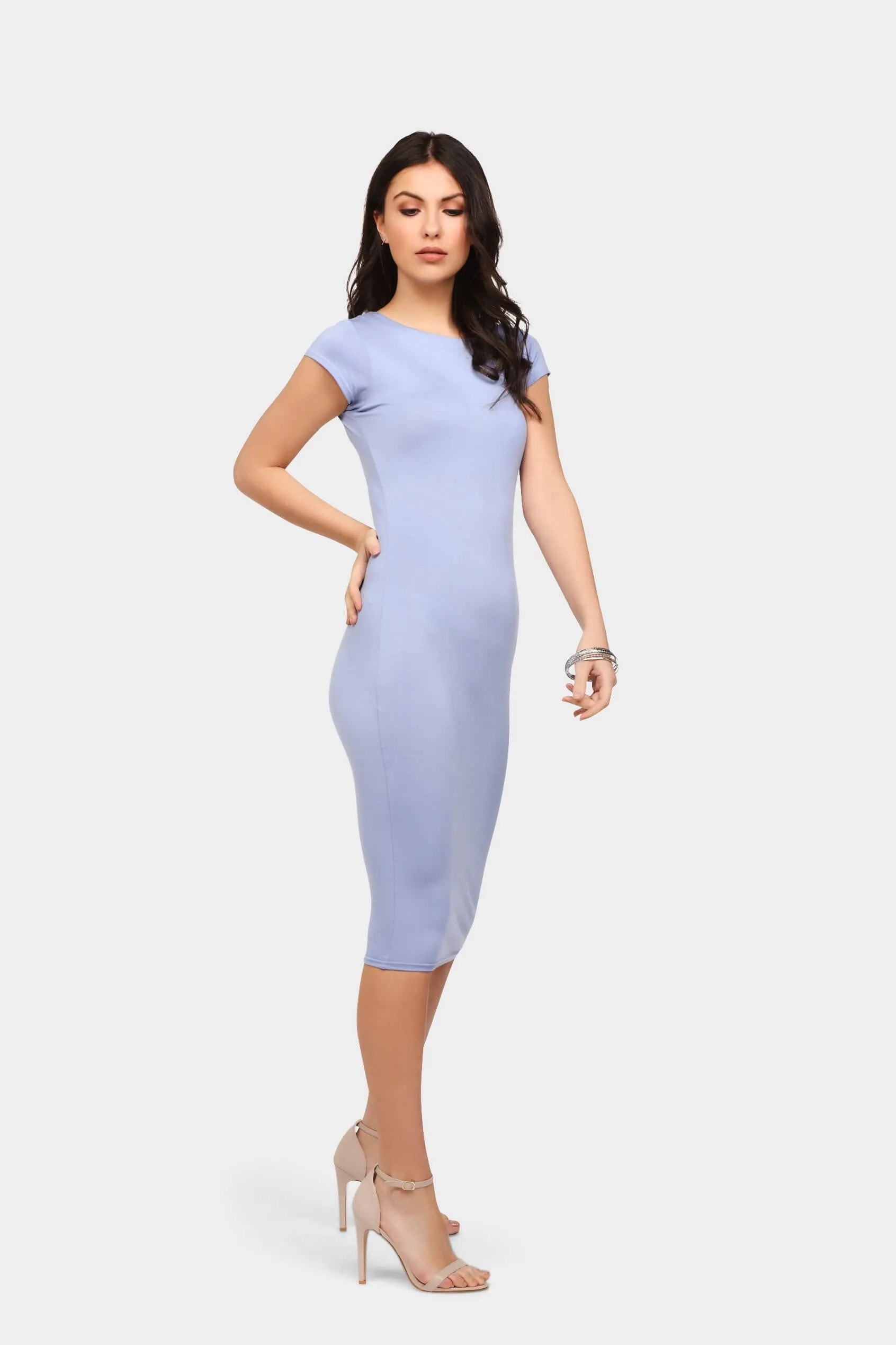 China-Blue Short Sleeve Basic Midi Dress