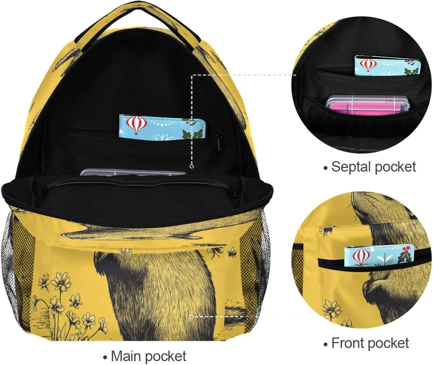 Cool Backpacks for Teacher Nurse Waterproof Outdoor Backpack with Chest Strap for College Work Art Capybara Yellow
