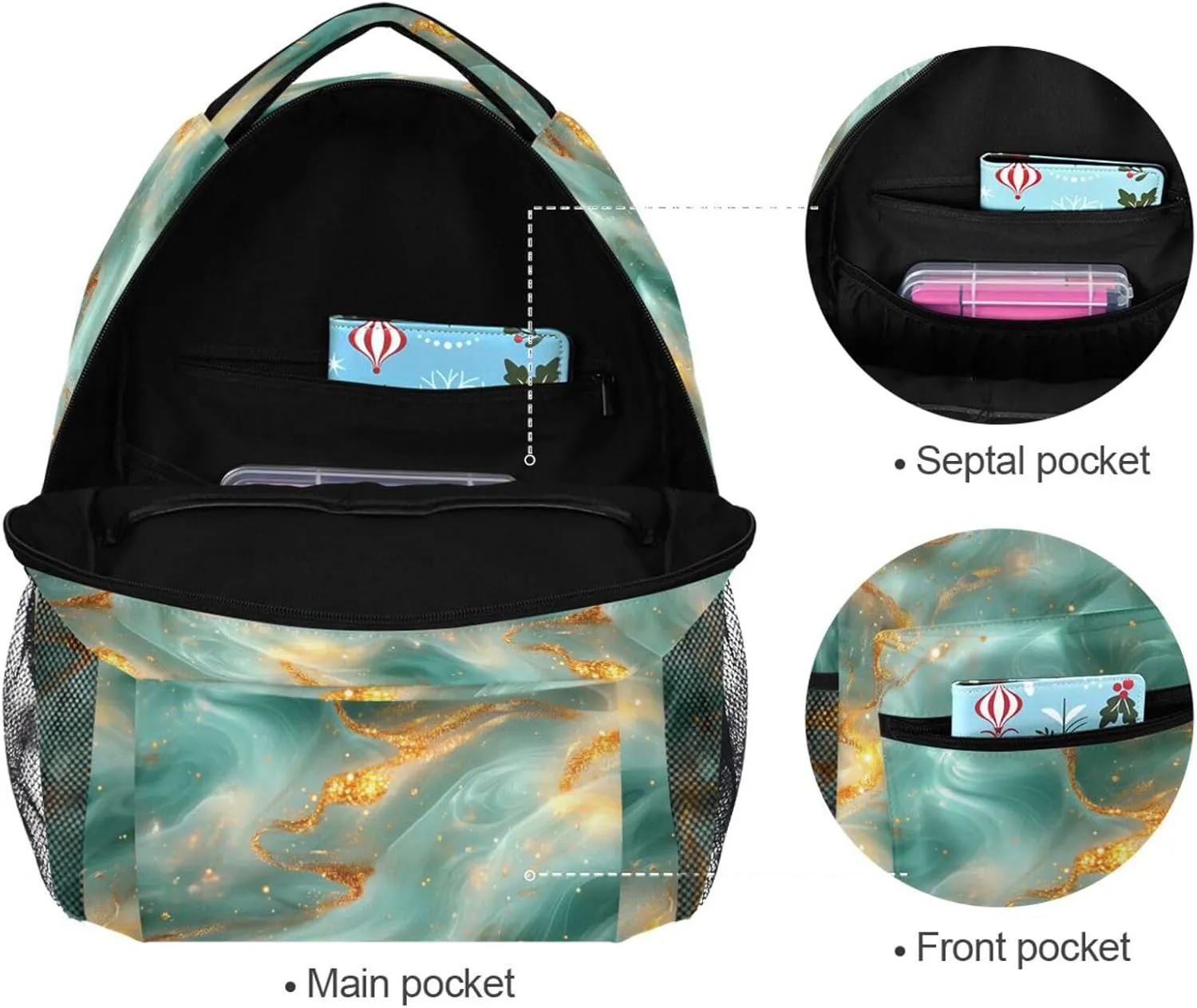 Cool Backpacks for Teenager Fashion Diaper Bag Backpack with Chest Strap for Travel Trip Rose Gold Turquoise Green