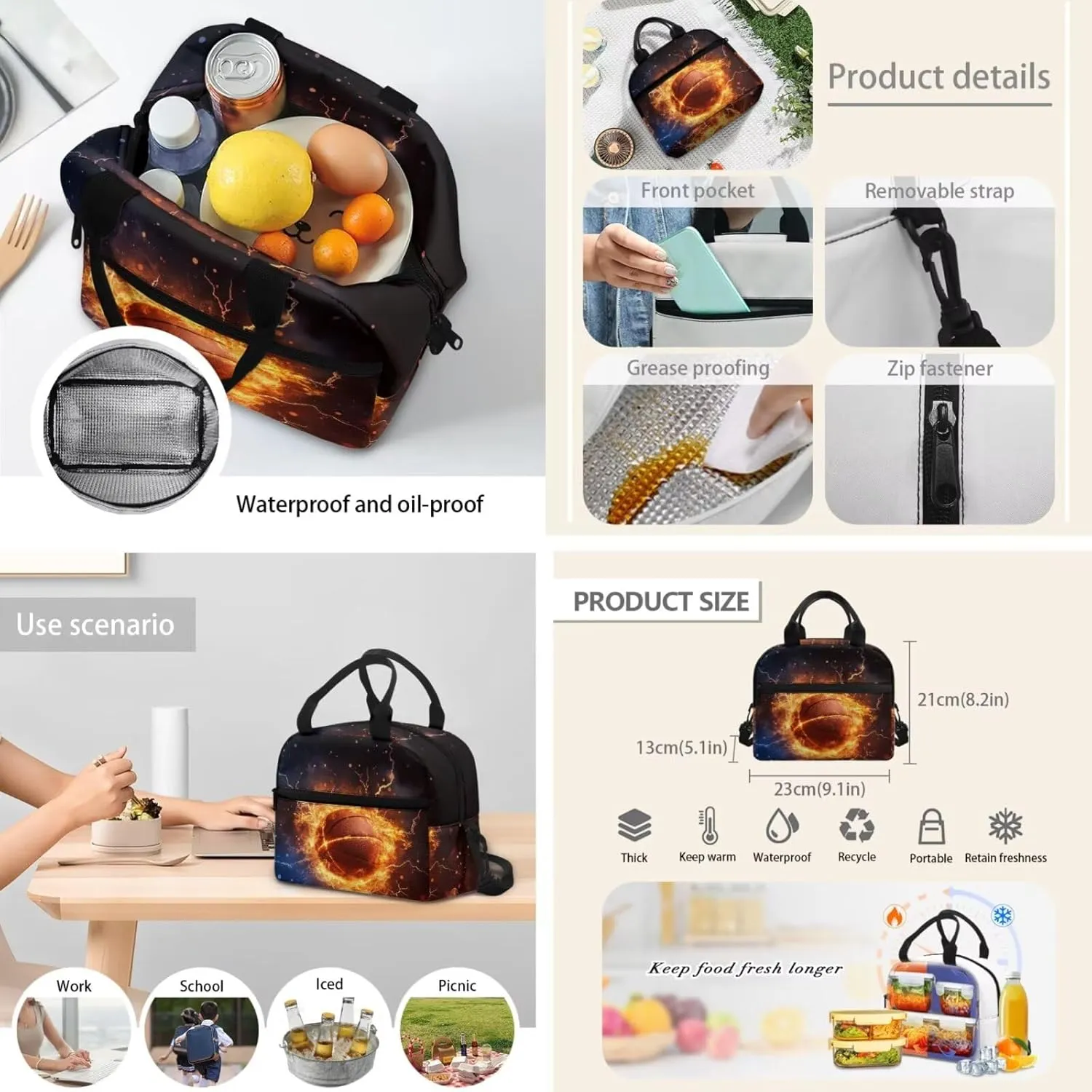 Cool Basketball Fire Flame Backpack Elementary Kindergarten Boys School Bookbag 3 Pack School Bag with Lunch Bag Pencil Case Set