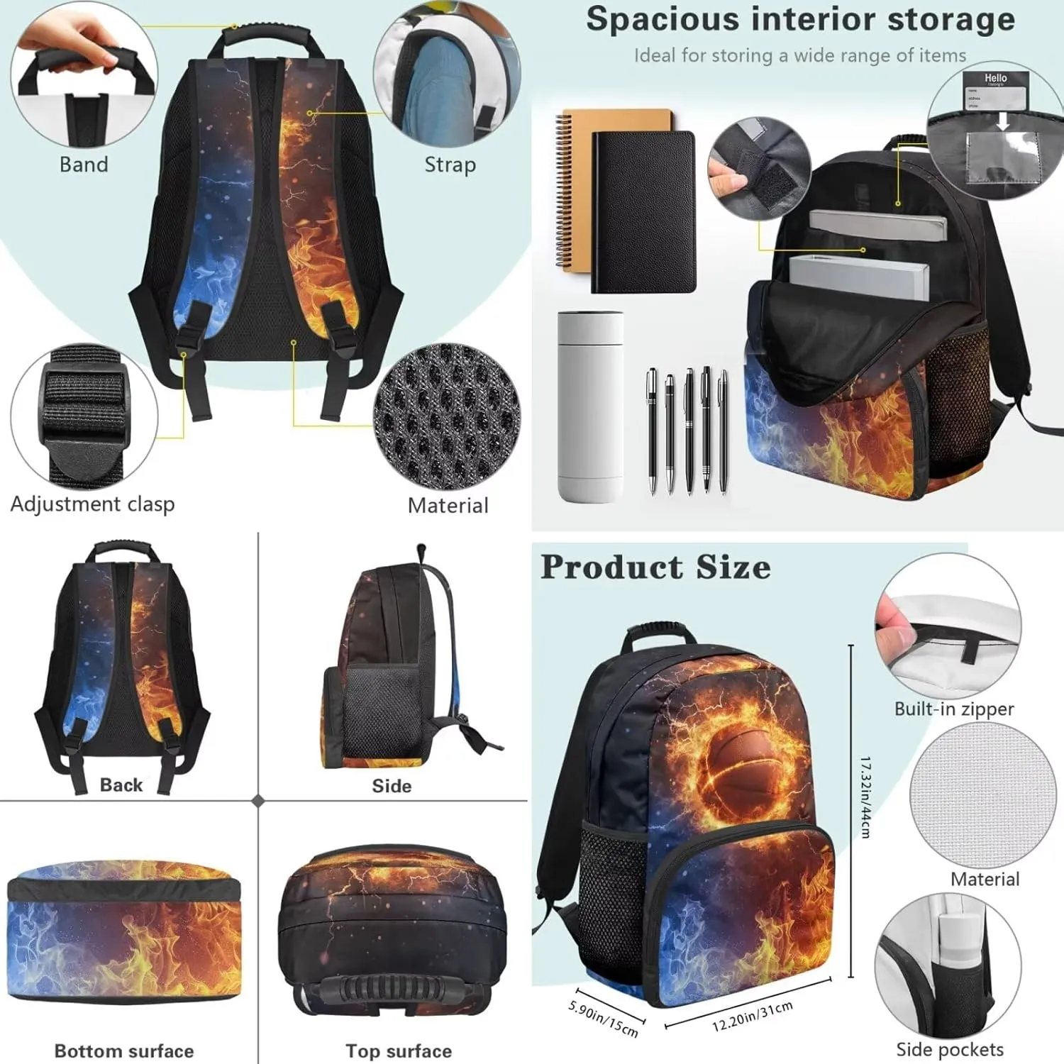 Cool Basketball Fire Flame Backpack Elementary Kindergarten Boys School Bookbag 3 Pack School Bag with Lunch Bag Pencil Case Set