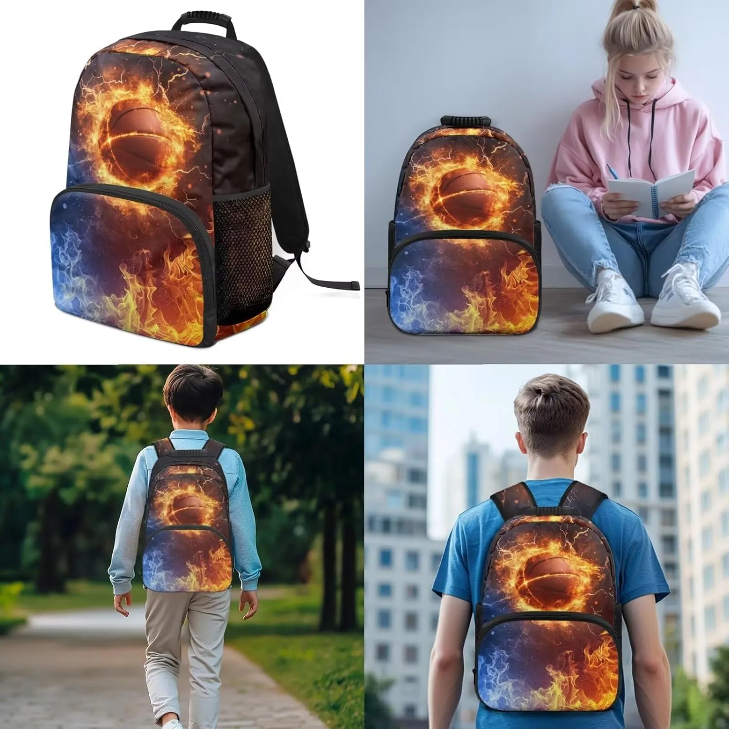 Cool Basketball Fire Flame Backpack Elementary Kindergarten Boys School Bookbag 3 Pack School Bag with Lunch Bag Pencil Case Set