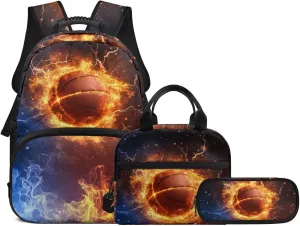 Cool Basketball Fire Flame Backpack Elementary Kindergarten Boys School Bookbag 3 Pack School Bag with Lunch Bag Pencil Case Set