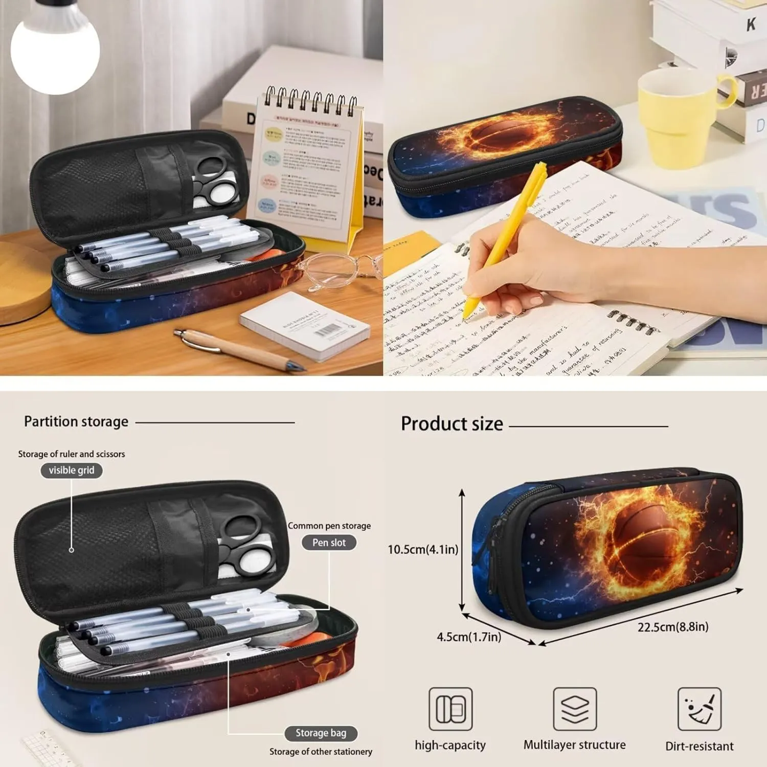 Cool Basketball Fire Flame Backpack Elementary Kindergarten Boys School Bookbag 3 Pack School Bag with Lunch Bag Pencil Case Set