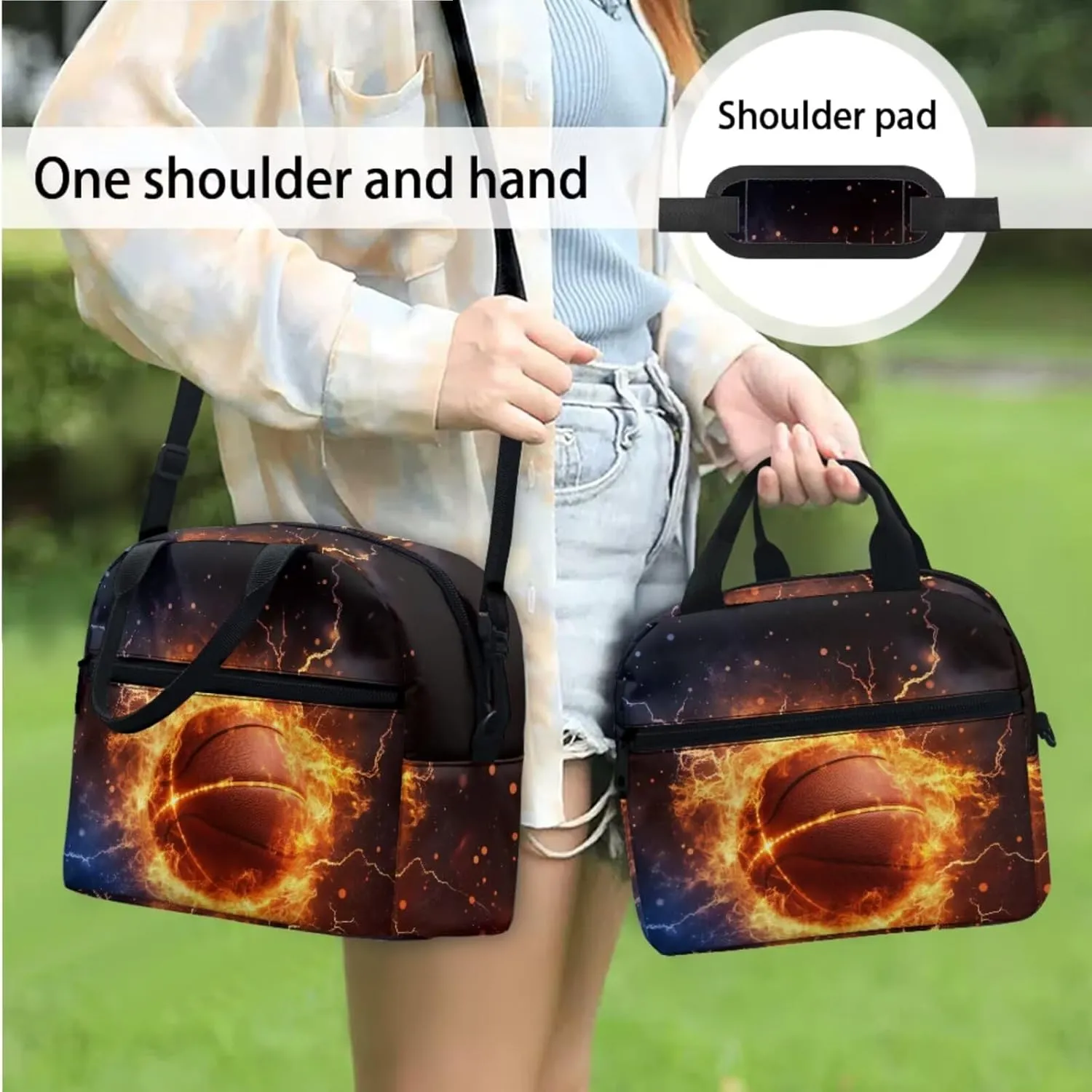 Cool Basketball Fire Flame Backpack Elementary Kindergarten Boys School Bookbag 3 Pack School Bag with Lunch Bag Pencil Case Set