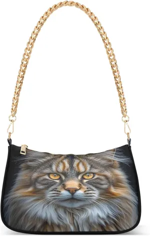 Cool Cat Portrait Shoulder Handbags for Women Travel Hobo Tote Handbag Women Gold Chain Shoulder Bags Purse with Zipper Closure