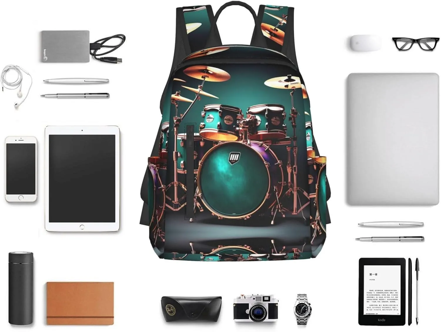 Cool Drum Set Print Lightweight Backpack, Travel Bookbag College Bag,Laptop Backpack For Men Women