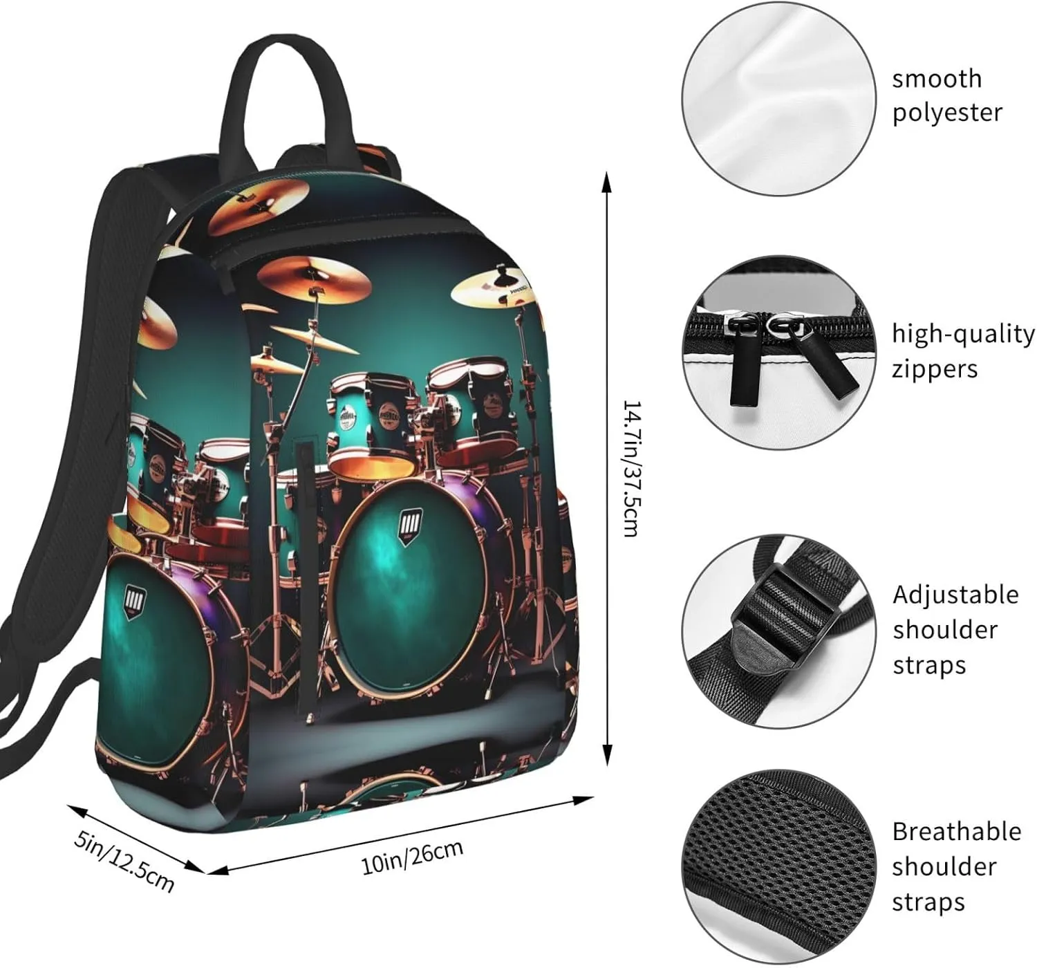Cool Drum Set Print Lightweight Backpack, Travel Bookbag College Bag,Laptop Backpack For Men Women