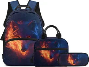 Cool School Backpack for Kids Boys 3D Wolf Print Backpack Book Bag with Insulated Lunch Bag Box Pencil Case 3 Pieces Set Back to School Supplies