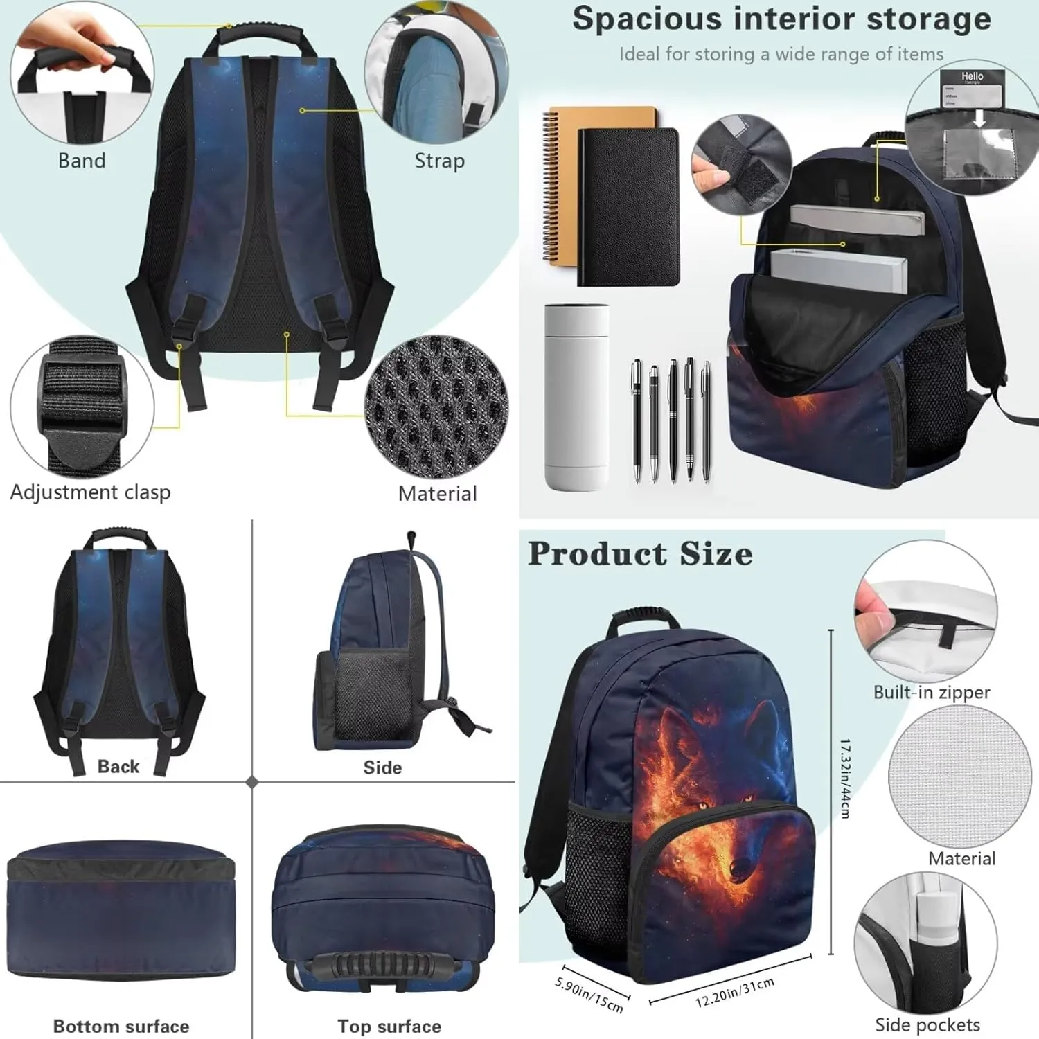 Cool School Backpack for Kids Boys 3D Wolf Print Backpack Book Bag with Insulated Lunch Bag Box Pencil Case 3 Pieces Set Back to School Supplies