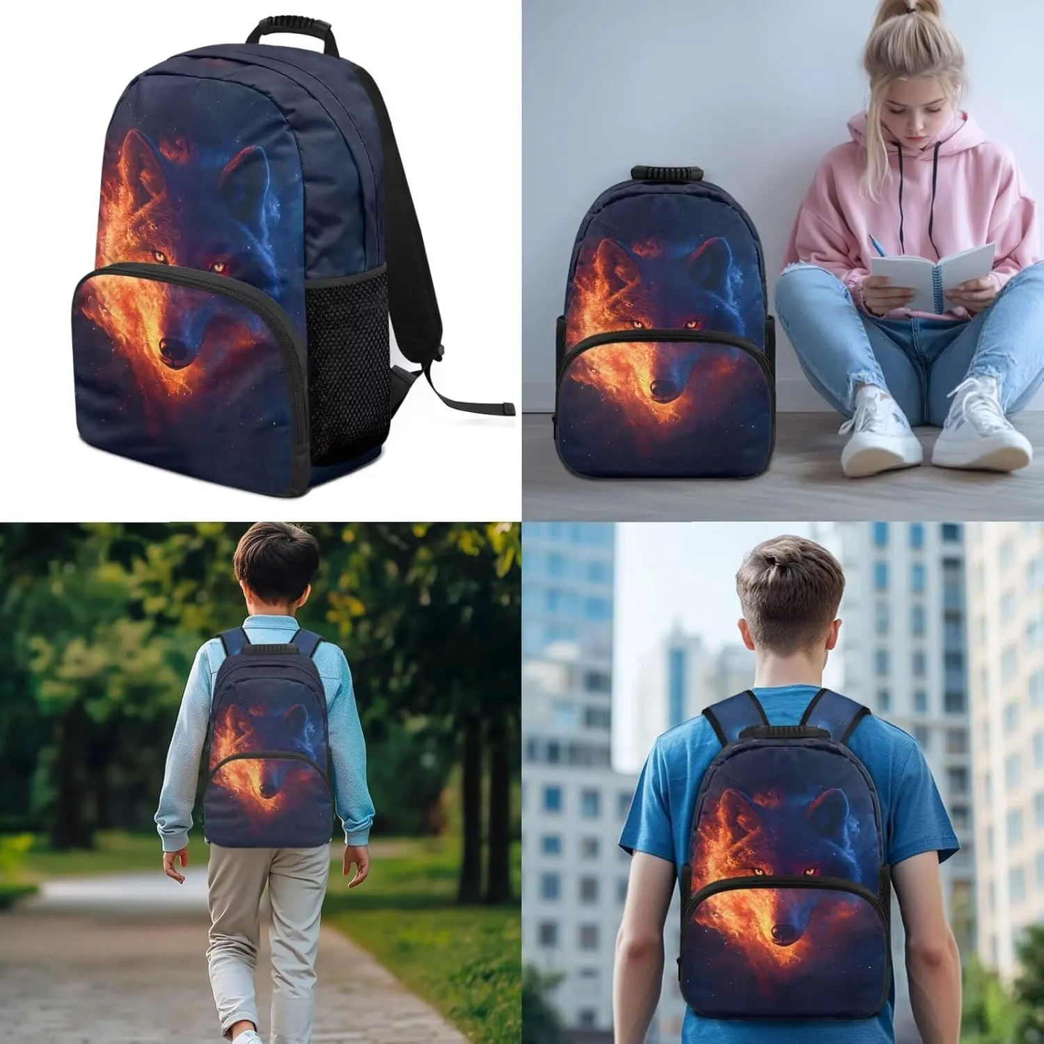 Cool School Backpack for Kids Boys 3D Wolf Print Backpack Book Bag with Insulated Lunch Bag Box Pencil Case 3 Pieces Set Back to School Supplies