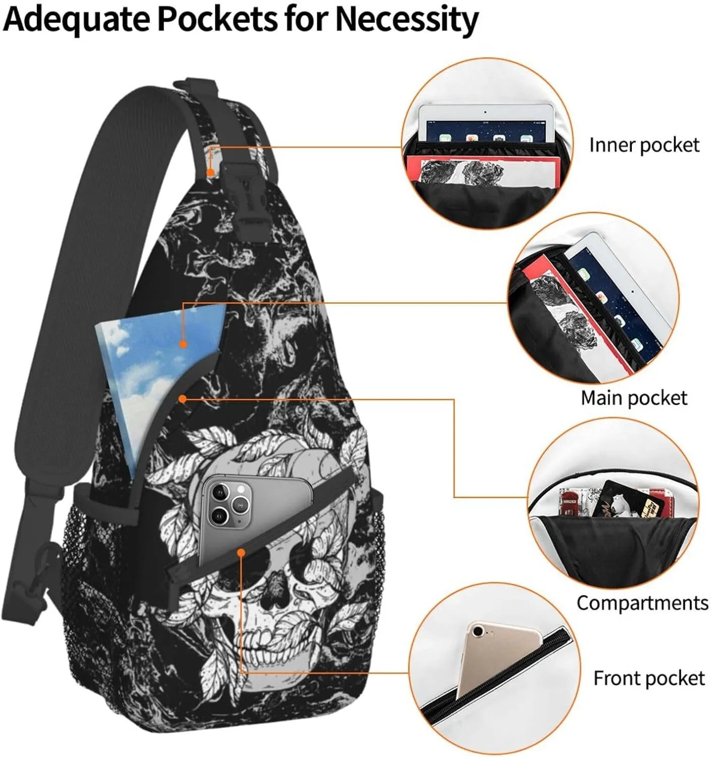Cool Skull Unisex Chest Bags Crossbody Sling Backpack Travel Hiking Daypack Crossbody Bag For Men