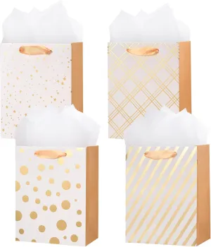 Cupplation Gift Bags with Tissue Paper and Handle, 9 x 7 x 4 inches, 4 Pack in 4 Designs,Paper Gift Bags with Handles for Shopping Parties Wedding Holiday Presents