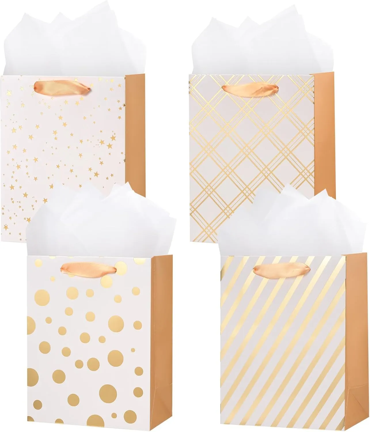 Cupplation Gift Bags with Tissue Paper and Handle, 9 x 7 x 4 inches, 4 Pack in 4 Designs,Paper Gift Bags with Handles for Shopping Parties Wedding Holiday Presents