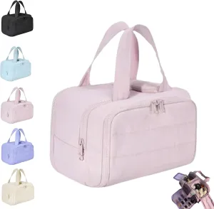 Cureaway Travel Cosmetic Bag, Large Capacity Wide-Open Travel Cosmetic Bag, Waterproof Portable Open Toiletry Bags (Pink)