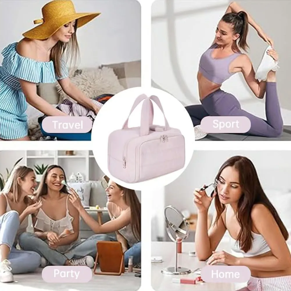 Cureaway Travel Cosmetic Bag, Large Capacity Wide-Open Travel Cosmetic Bag, Waterproof Portable Open Toiletry Bags (Pink)