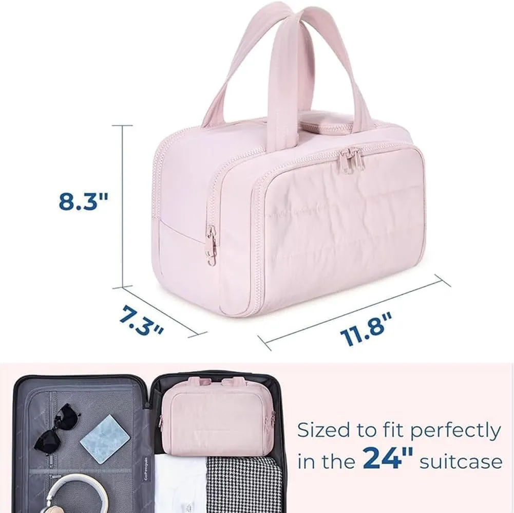 Cureaway Travel Cosmetic Bag, Large Capacity Wide-Open Travel Cosmetic Bag, Waterproof Portable Open Toiletry Bags (Pink)