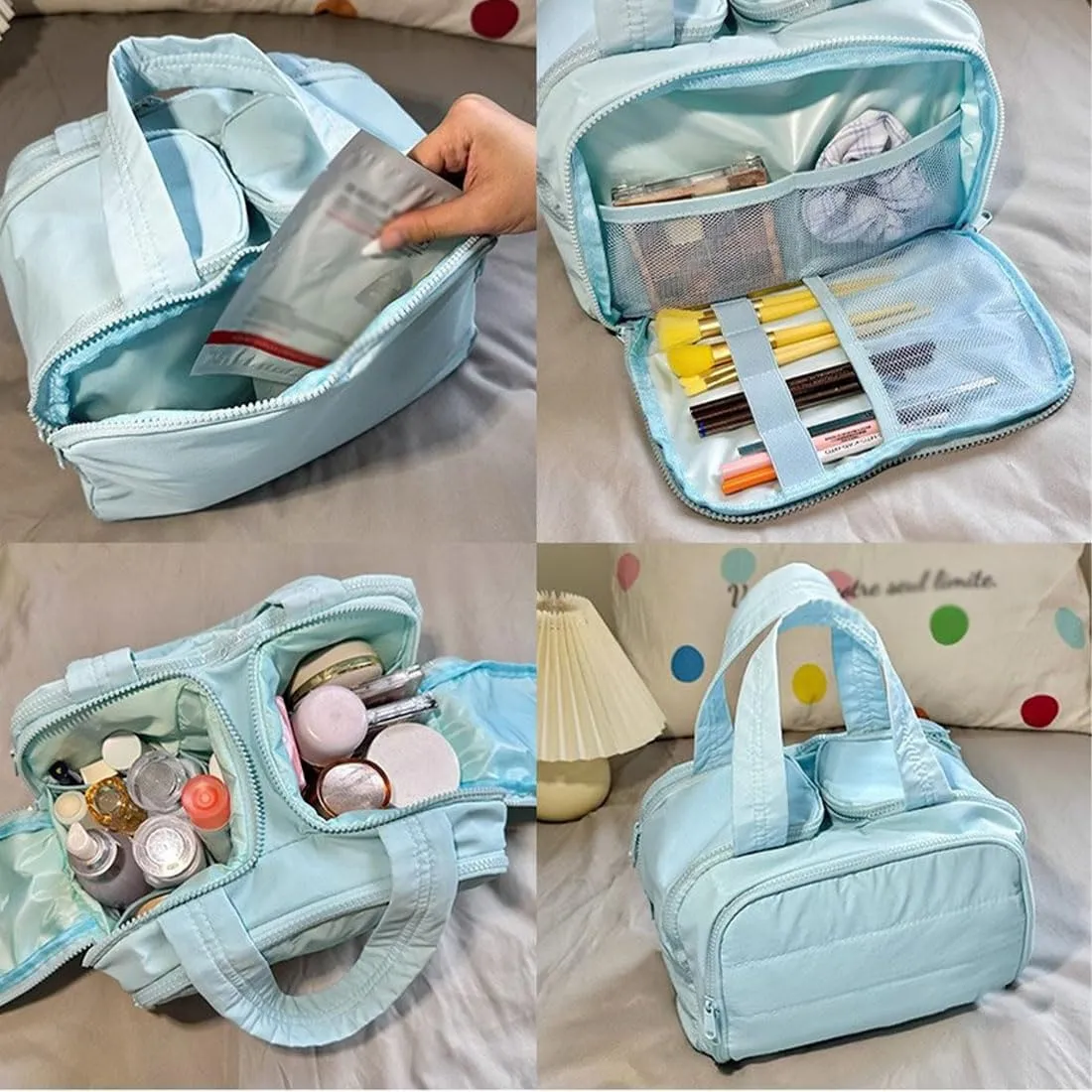 Cureaway Travel Cosmetic Bag, Large Capacity Wide-Open Travel Cosmetic Bag, Waterproof Portable Pouch Open Flat Toiletry Bags, Dry-And-Wet Separation (Gray)