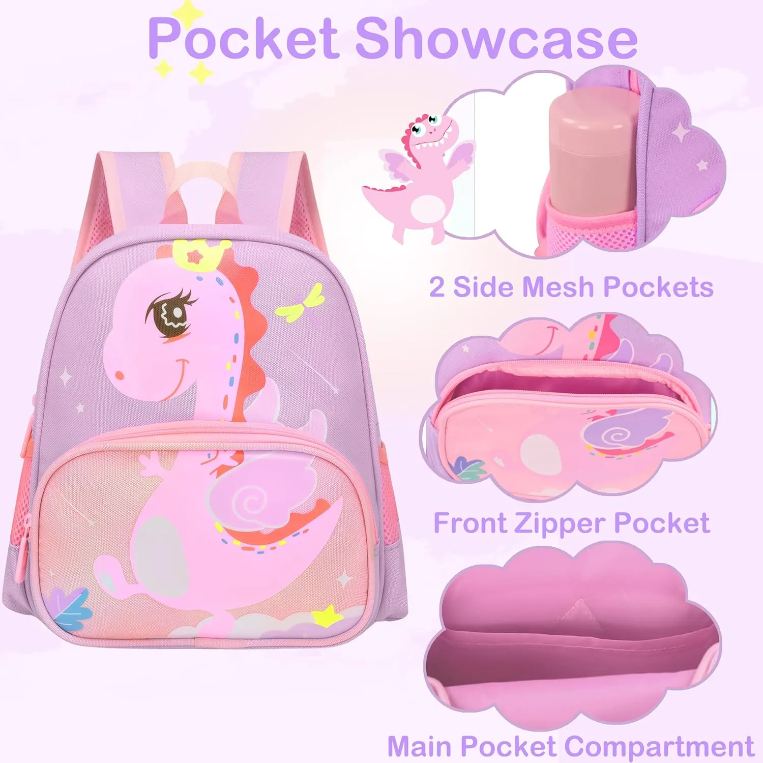 Cute Toddler Backpack Preschool Dinosaur Schoolbag for 2-6 Girls Kindergarten Children Travel Bookbag (Purple)