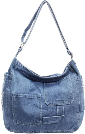 Denim Hobo Tote Bag for Women Blue Large Jean Casual Shoulder Purse Crossbody Handbag
