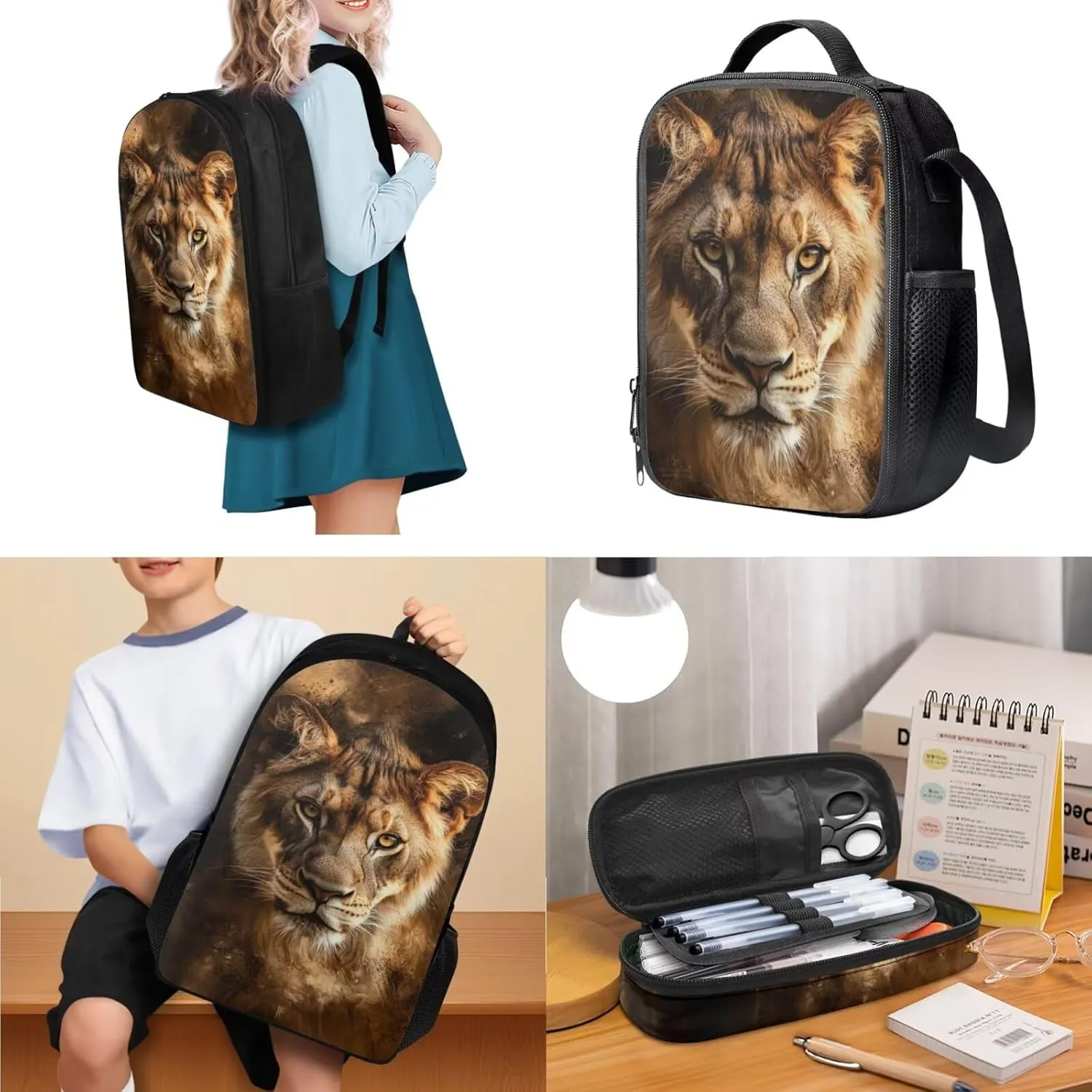 doginthehole Cool Lion Backpack for Boys Cool Kids Bookbag with Lunch Box and Pencil Bags 3 Piece School Bag for Boys 8-12 for Elementary Middle School Casual Travel Book Bags