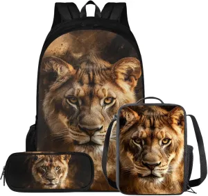 doginthehole Cool Lion Backpack for Boys Cool Kids Bookbag with Lunch Box and Pencil Bags 3 Piece School Bag for Boys 8-12 for Elementary Middle School Casual Travel Book Bags