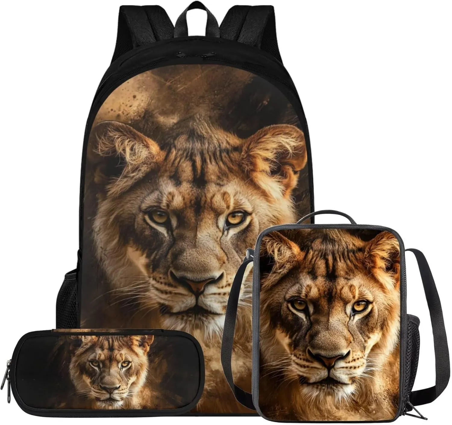 doginthehole Cool Lion Backpack for Boys Cool Kids Bookbag with Lunch Box and Pencil Bags 3 Piece School Bag for Boys 8-12 for Elementary Middle School Casual Travel Book Bags