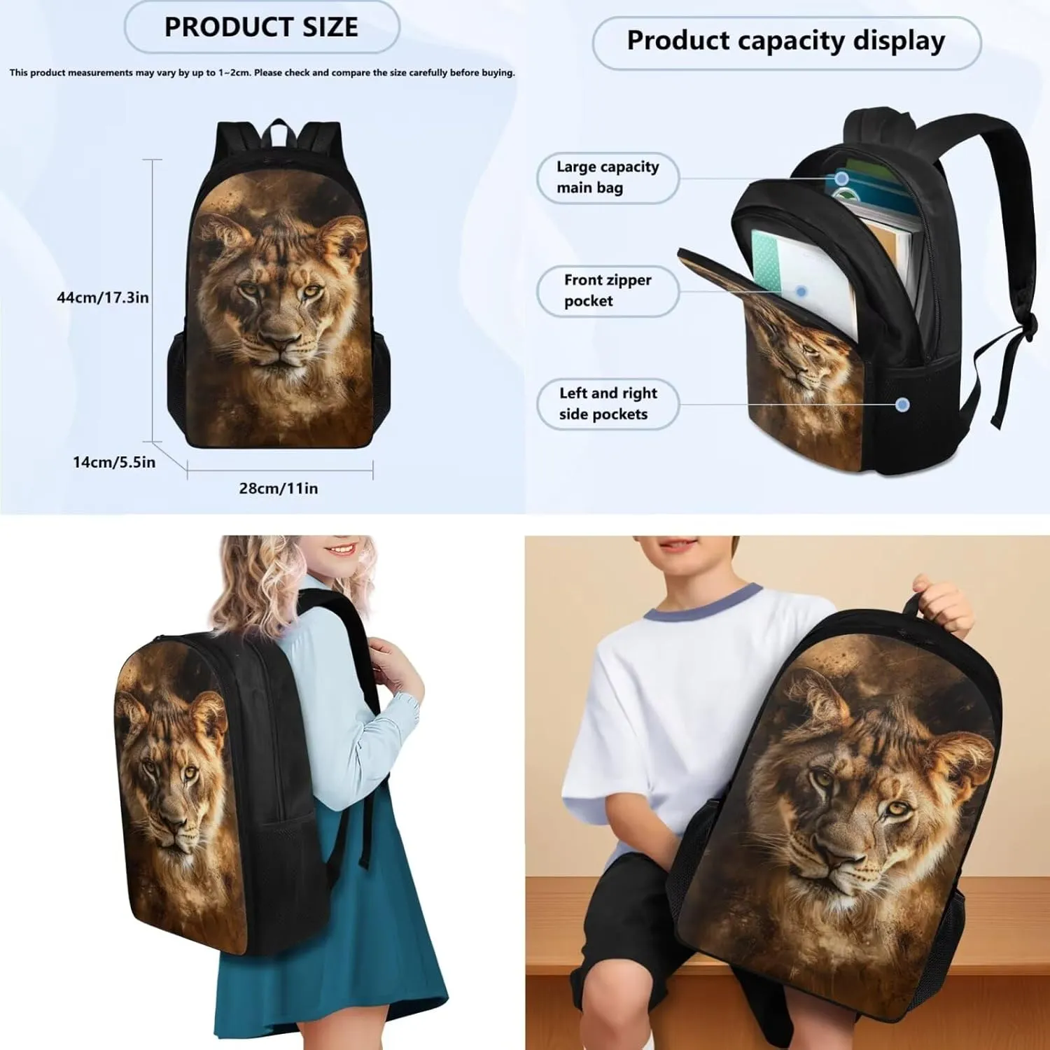 doginthehole Cool Lion Backpack for Boys Cool Kids Bookbag with Lunch Box and Pencil Bags 3 Piece School Bag for Boys 8-12 for Elementary Middle School Casual Travel Book Bags