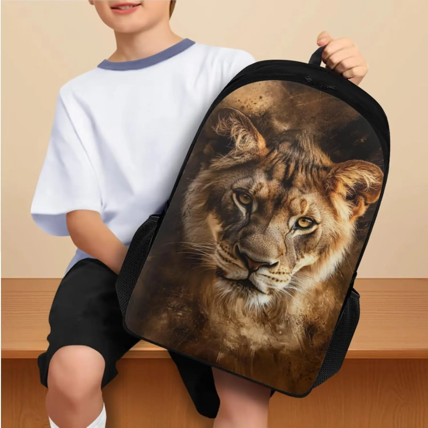 doginthehole Cool Lion Backpack for Boys Cool Kids Bookbag with Lunch Box and Pencil Bags 3 Piece School Bag for Boys 8-12 for Elementary Middle School Casual Travel Book Bags