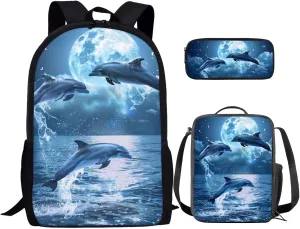 Dolphin Backpacks for Teen Kids Large Capacity School Bag Bookbag Satchel with Insulated Lunch Box Bag Pencil Case Kindergarten Preschool School Bookbag