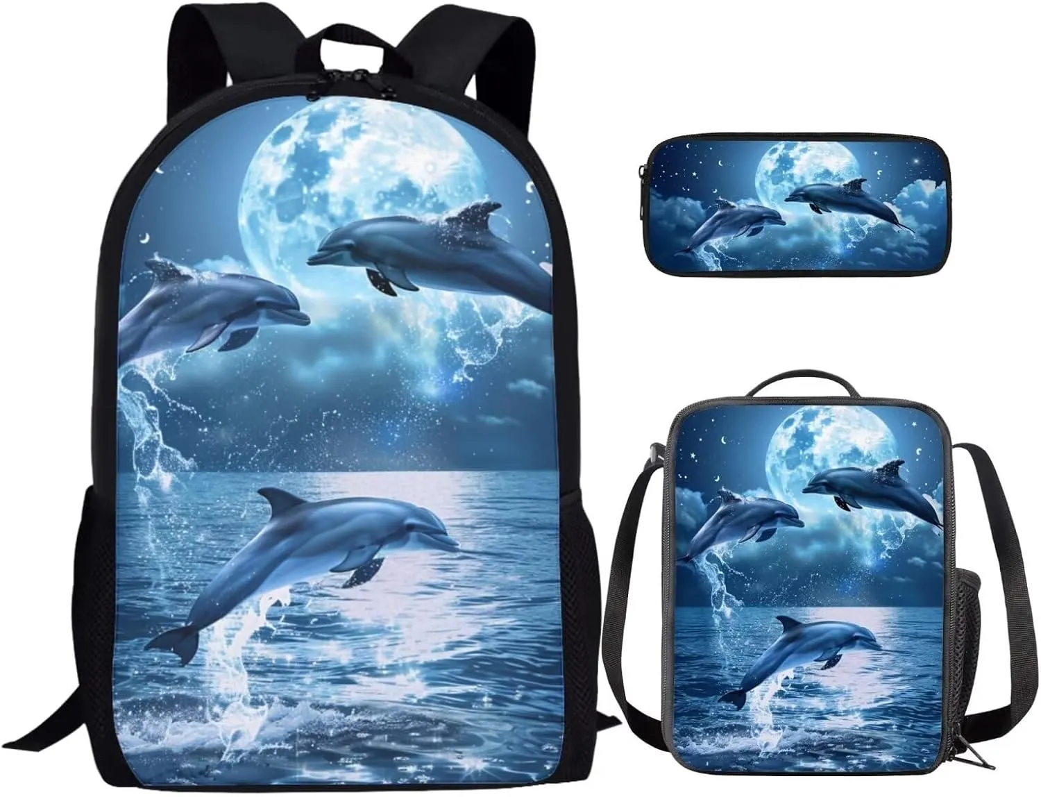 Dolphin Backpacks for Teen Kids Large Capacity School Bag Bookbag Satchel with Insulated Lunch Box Bag Pencil Case Kindergarten Preschool School Bookbag