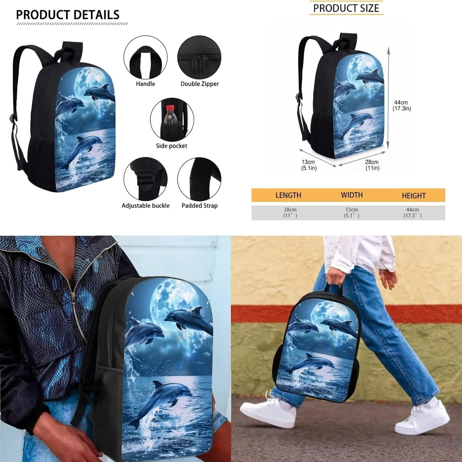Dolphin Backpacks for Teen Kids Large Capacity School Bag Bookbag Satchel with Insulated Lunch Box Bag Pencil Case Kindergarten Preschool School Bookbag