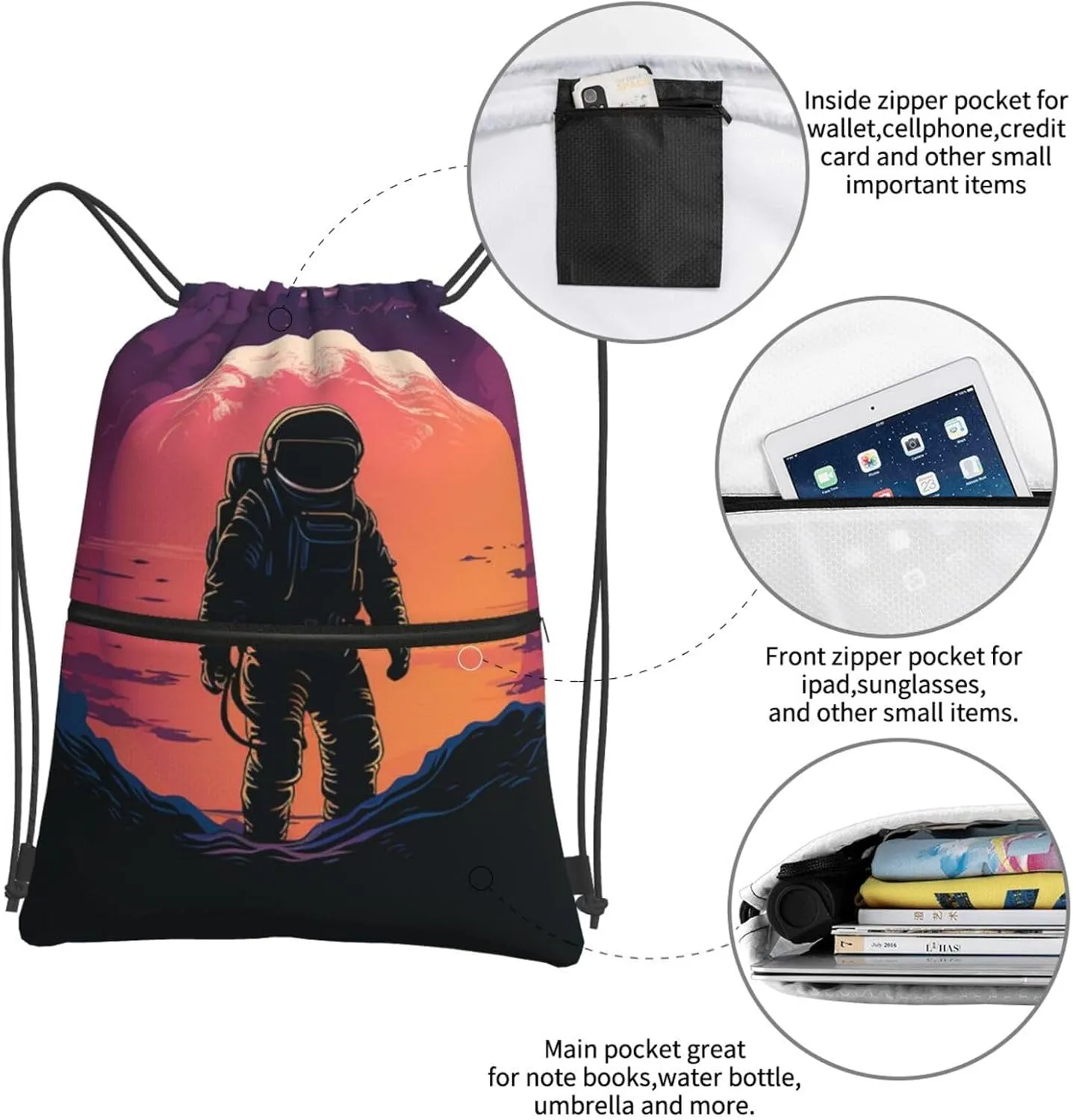 Drawstring Backpack Resistant Sackpack Cool Astronaut Sports Gym Bag String Bag for Women Men