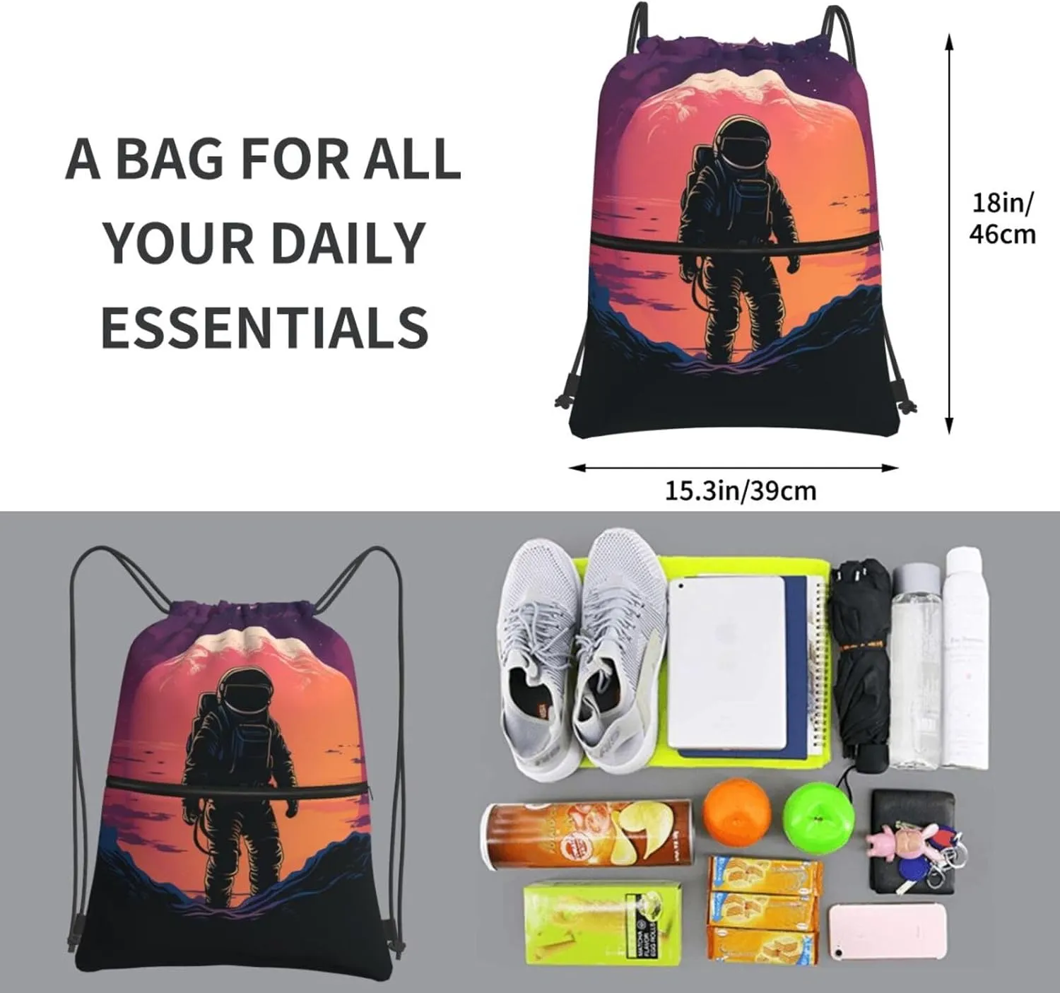 Drawstring Backpack Resistant Sackpack Cool Astronaut Sports Gym Bag String Bag for Women Men
