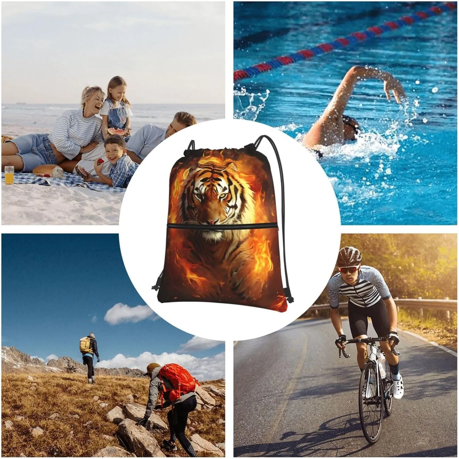 Drawstring Backpack Resistant Sackpack Cool Tiger in Flame Sports Gym Bag String Bag for Women Men