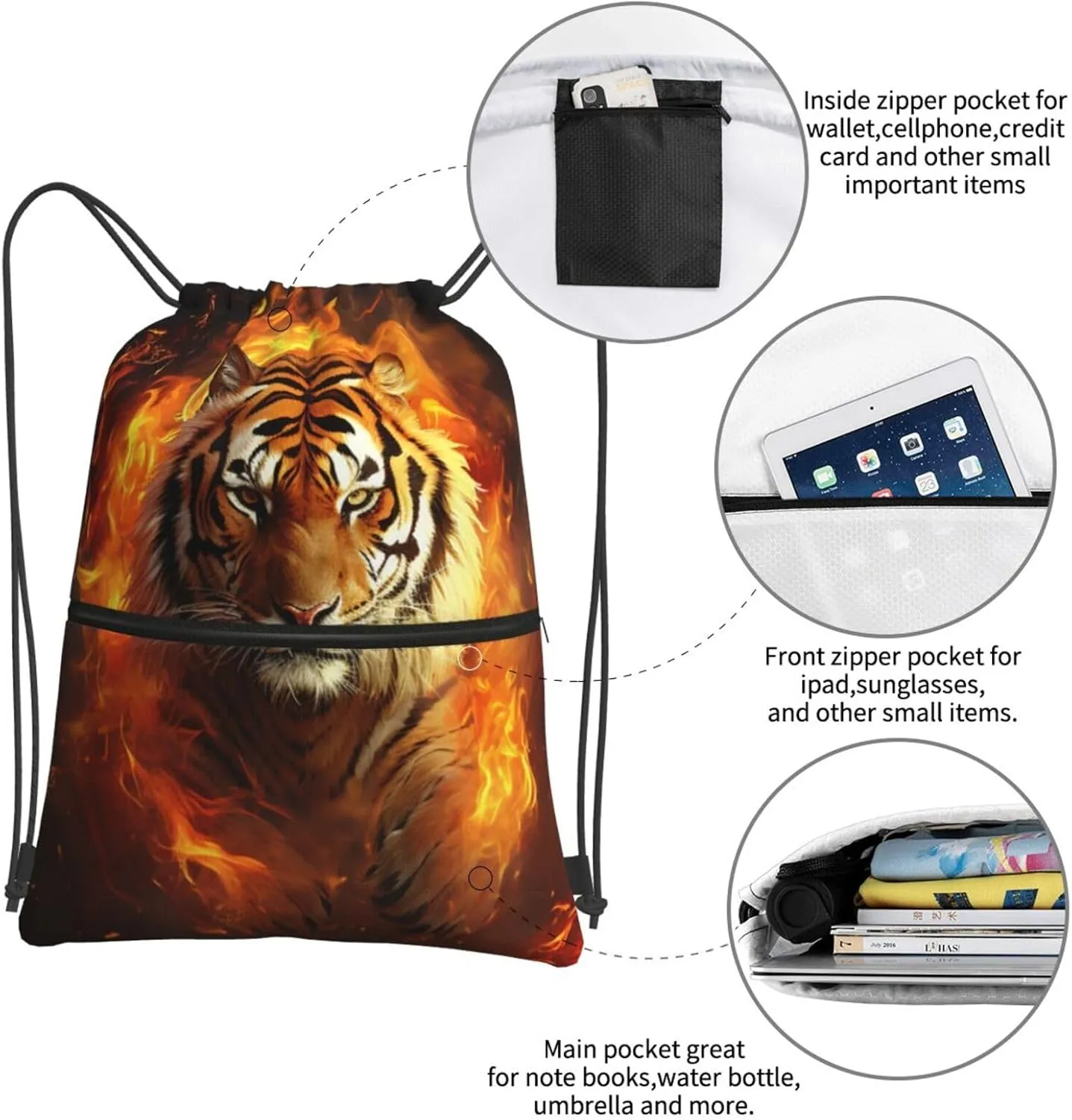Drawstring Backpack Resistant Sackpack Cool Tiger in Flame Sports Gym Bag String Bag for Women Men