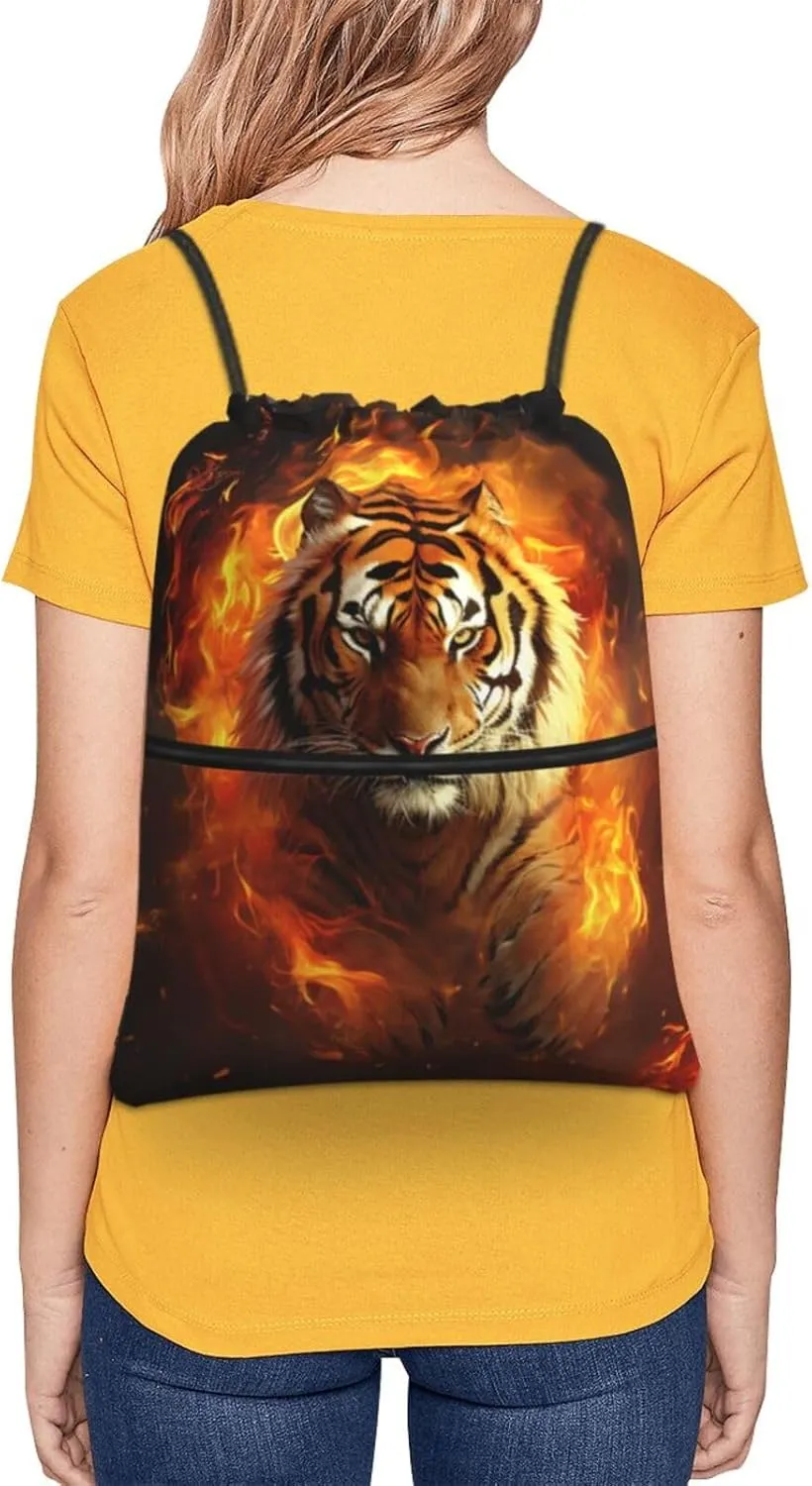 Drawstring Backpack Resistant Sackpack Cool Tiger in Flame Sports Gym Bag String Bag for Women Men