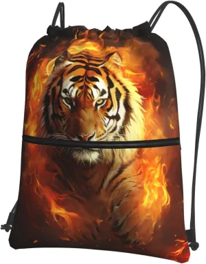 Drawstring Backpack Resistant Sackpack Cool Tiger in Flame Sports Gym Bag String Bag for Women Men