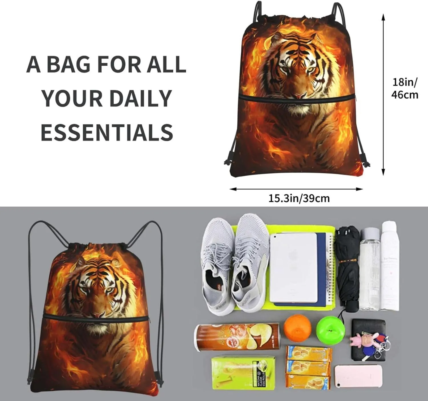 Drawstring Backpack Resistant Sackpack Cool Tiger in Flame Sports Gym Bag String Bag for Women Men