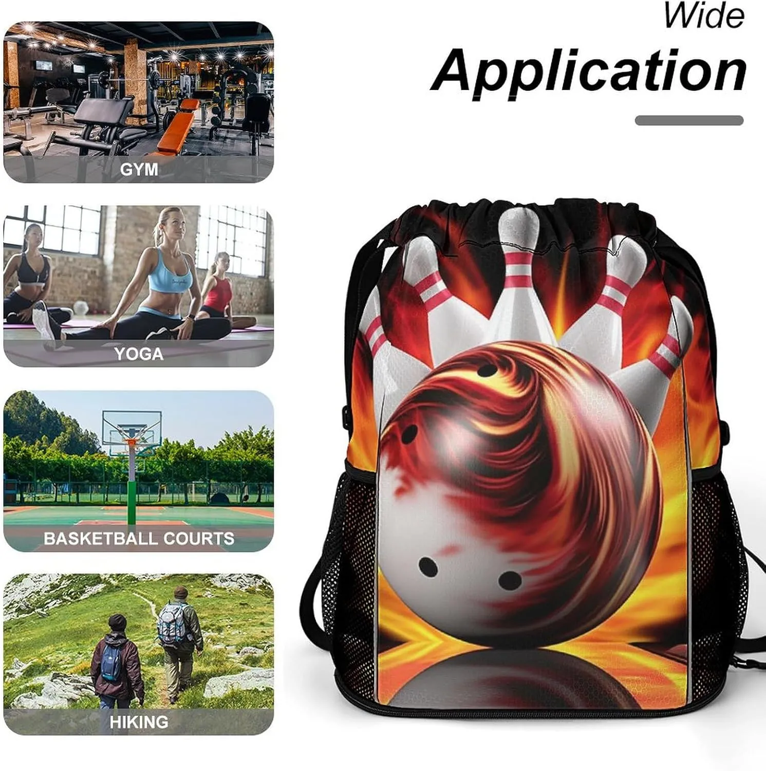 Drawstring Backpack Sports Gym Bag Resistant Sackpack Bowling Ball String Bag for Women Men, 45.5x41.5x36cm