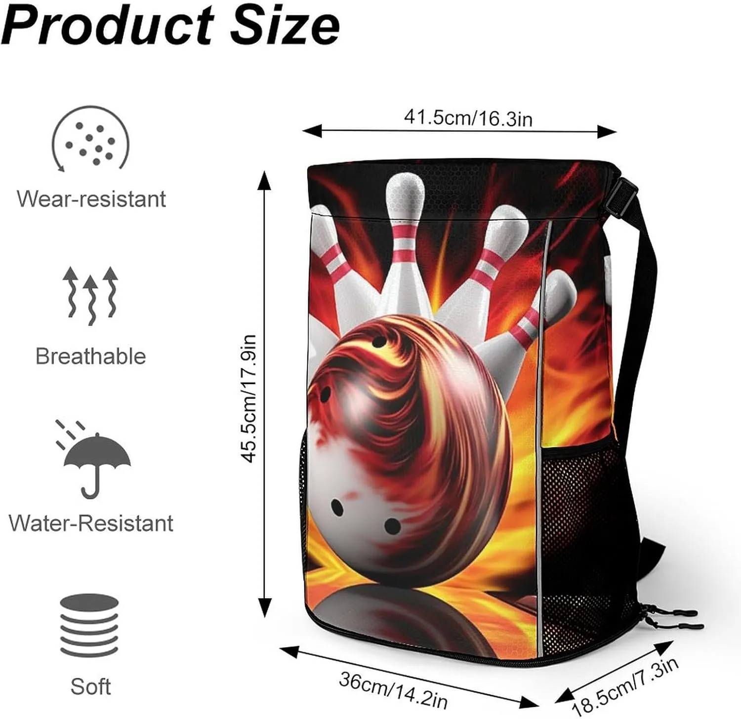Drawstring Backpack Sports Gym Bag Resistant Sackpack Bowling Ball String Bag for Women Men, 45.5x41.5x36cm