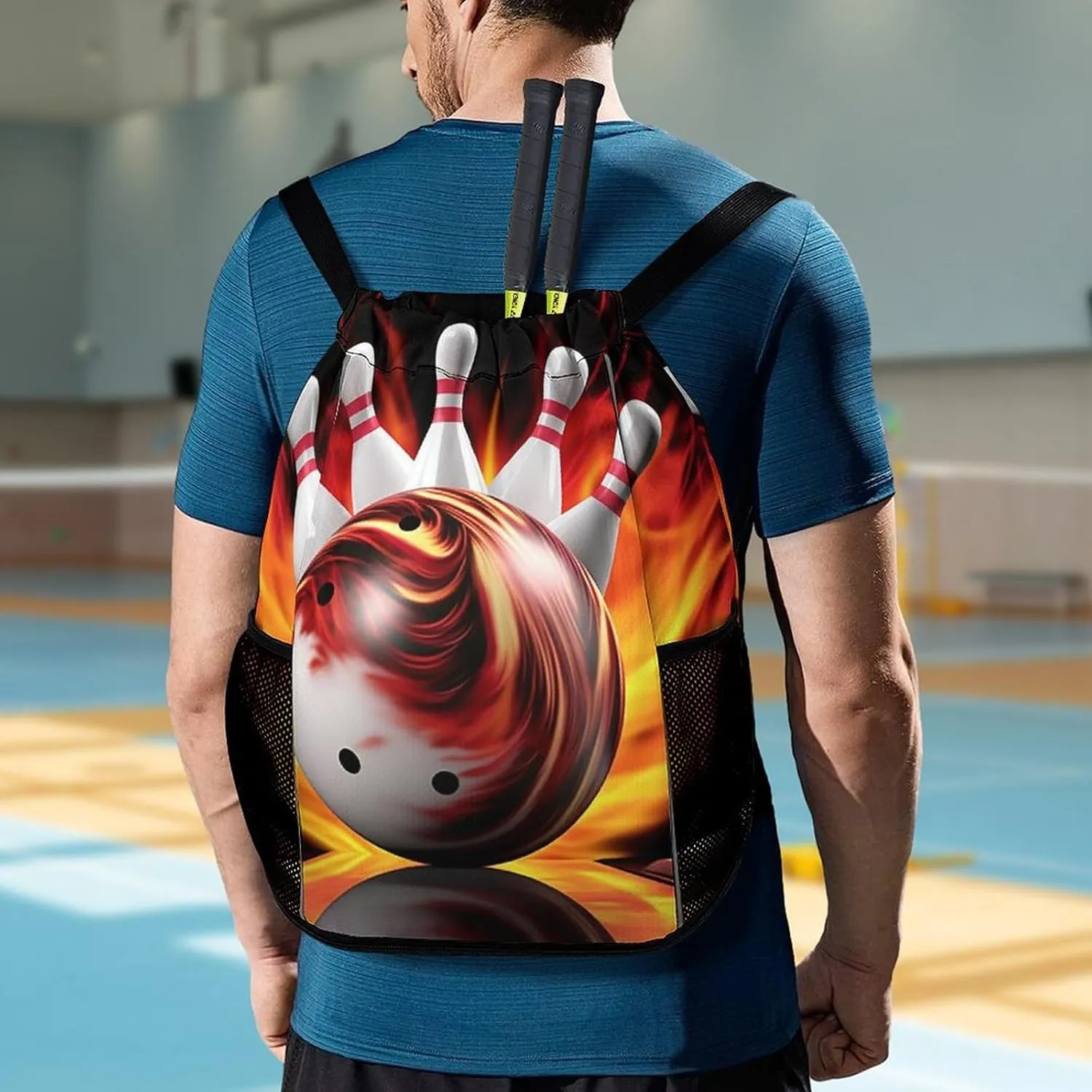 Drawstring Backpack Sports Gym Bag Resistant Sackpack Bowling Ball String Bag for Women Men, 45.5x41.5x36cm