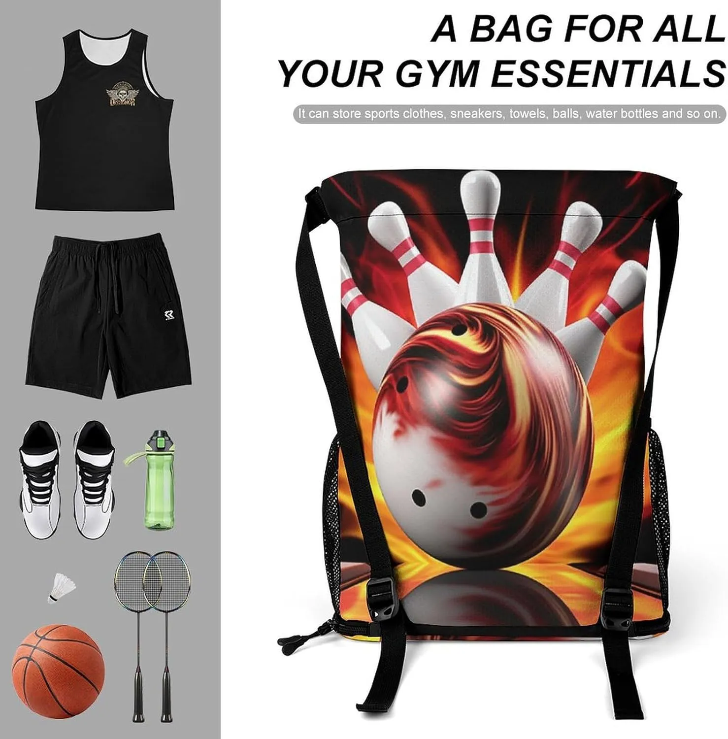 Drawstring Backpack Sports Gym Bag Resistant Sackpack Bowling Ball String Bag for Women Men, 45.5x41.5x36cm