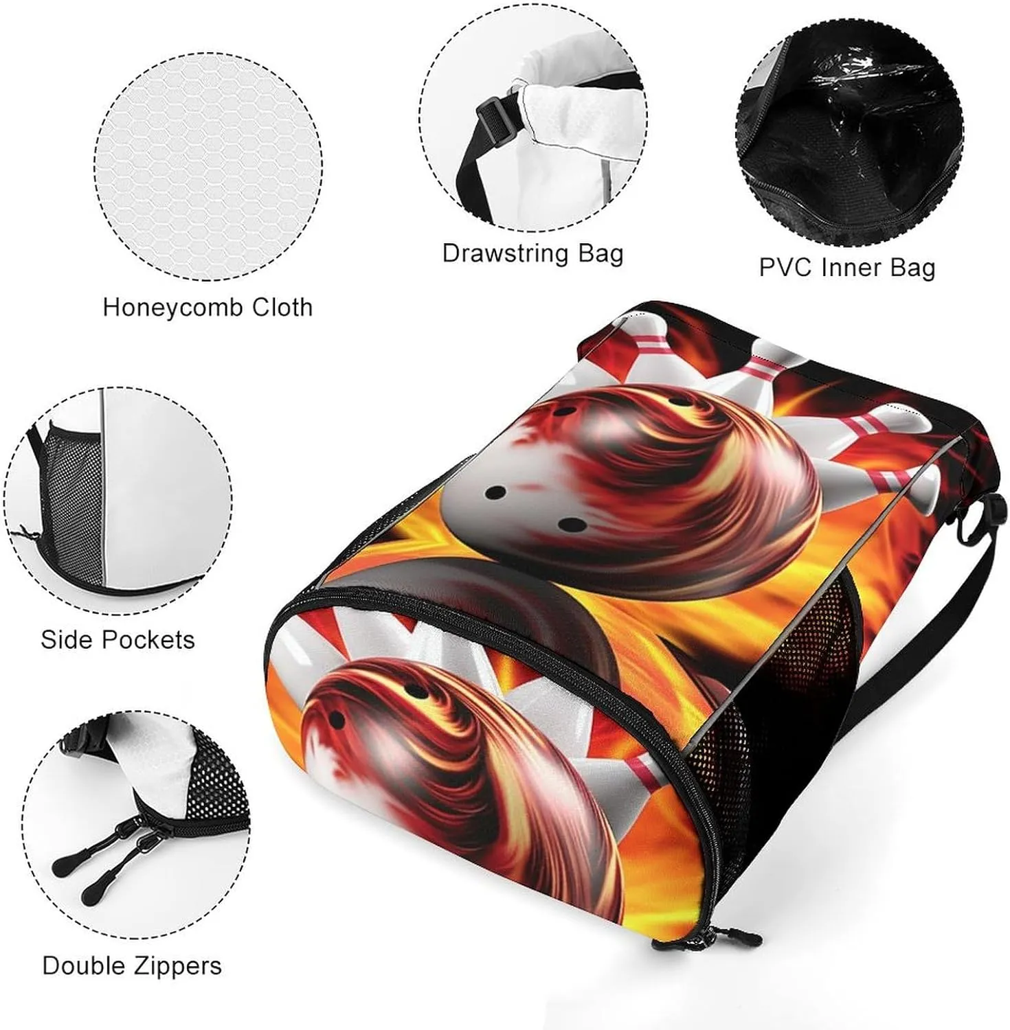 Drawstring Backpack Sports Gym Bag Resistant Sackpack Bowling Ball String Bag for Women Men, 45.5x41.5x36cm
