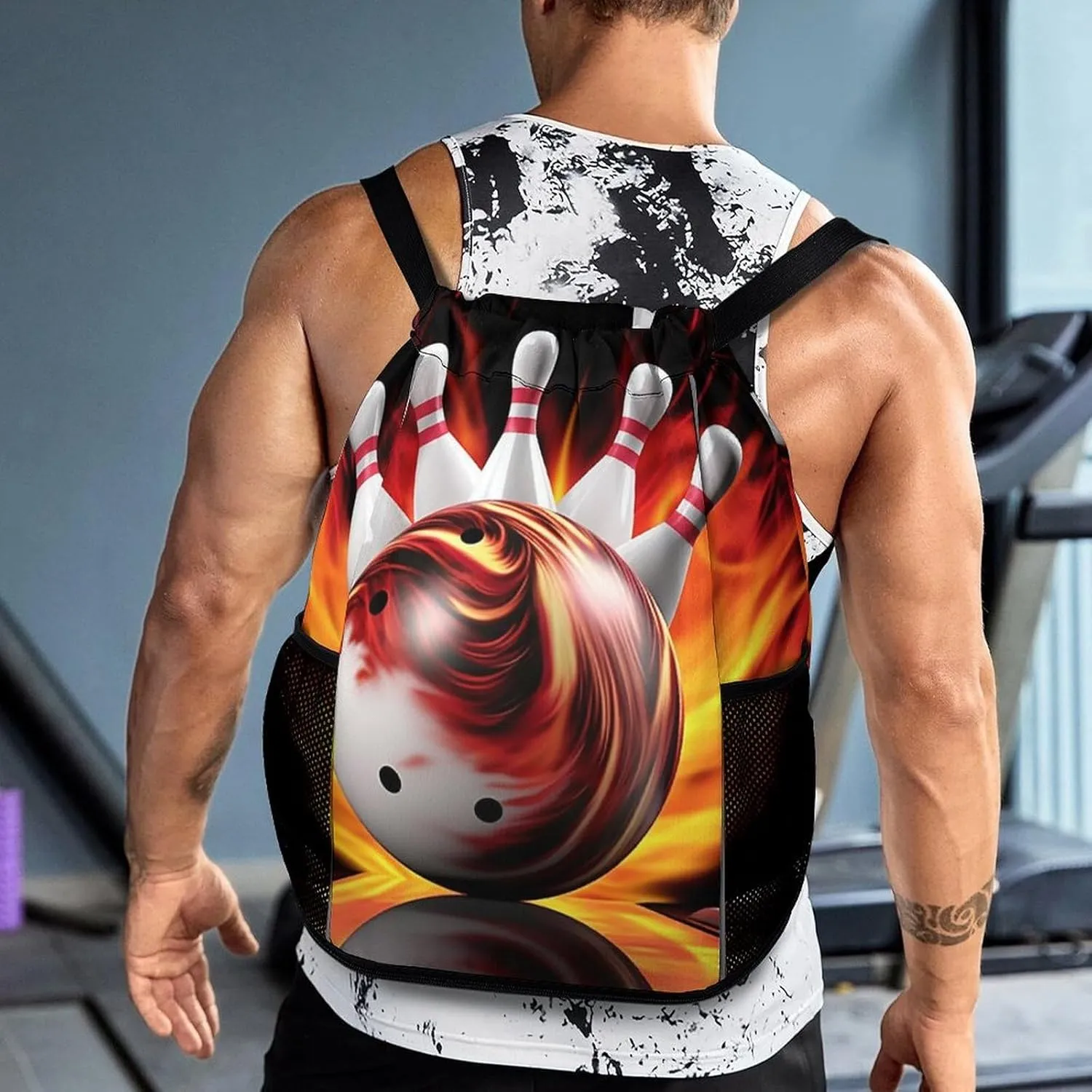 Drawstring Backpack Sports Gym Bag Resistant Sackpack Bowling Ball String Bag for Women Men, 45.5x41.5x36cm