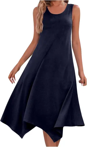 Dresses for Women 2024 Casual Summer Sleeveless Crewneck Sexy Beach Tank Dress Fashion Flowy Swing Sundresses