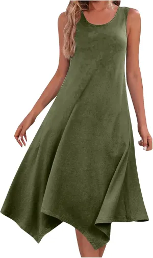 Dresses for Women 2024 Casual Summer Sleeveless Crewneck Sexy Beach Tank Dress Fashion Flowy Swing Sundresses