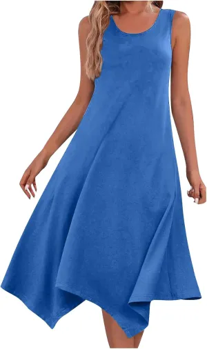 Dresses for Women 2024 Casual Summer Sleeveless Crewneck Sexy Beach Tank Dress Fashion Flowy Swing Sundresses